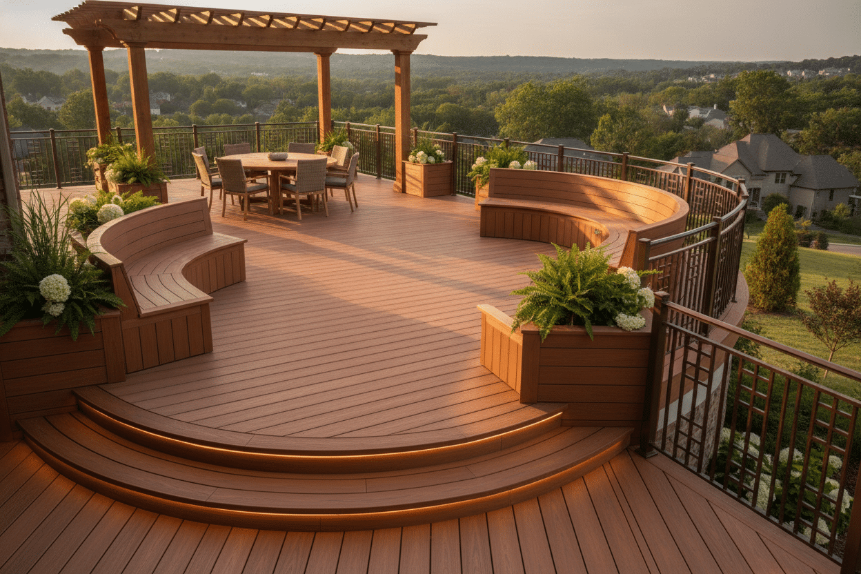 custom deck remodel with multiple design features and built-in elements