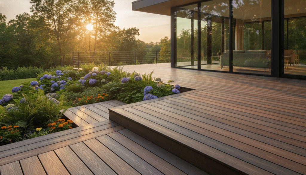 A beautifully constructed composite decking platform, showcasing the rich textures and colors of high-quality Trex material. In the foreground, a well-finished deck area with various shades of browns and greys seamlessly blending together, with smooth edges and clean lines. The middle ground features a well-groomed garden with vibrant green plants and flowers, framing the deck. In the background, a soft-focus view of a modern home with large windows that reflect natural light, enhancing the appeal of the decking. The lighting is warm and inviting, suggesting a late afternoon sun casting gentle shadows. The atmosphere conveys sophistication and a sense of durability, ideal for highlighting the benefits of composite over traditional wood decking.