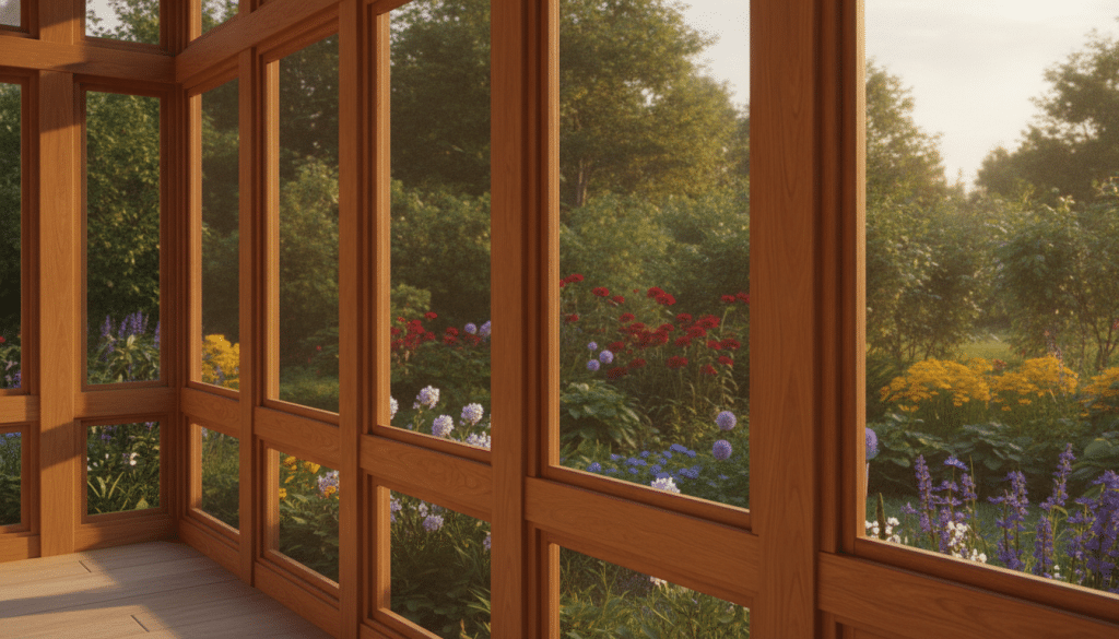 A beautifully crafted patio enclosure showcasing elegant porch panels, focusing on a seamless integration with nature. In the foreground, intricate wooden porch panels with fine grain detail create a warm and inviting atmosphere. The middle section highlights the screening installed in the panels, allowing soft natural light to filter through. In the background, a lush garden filled with vibrant greenery and colorful flowers enhances the tranquility of the setting. The golden hour lighting casts a soft, warm glow over the scene, creating a serene and welcoming mood. Shot from a low angle to emphasize the height and elegance of the porch panels, ensuring a clear and professional composition suitable for an informative article on patio enclosures.