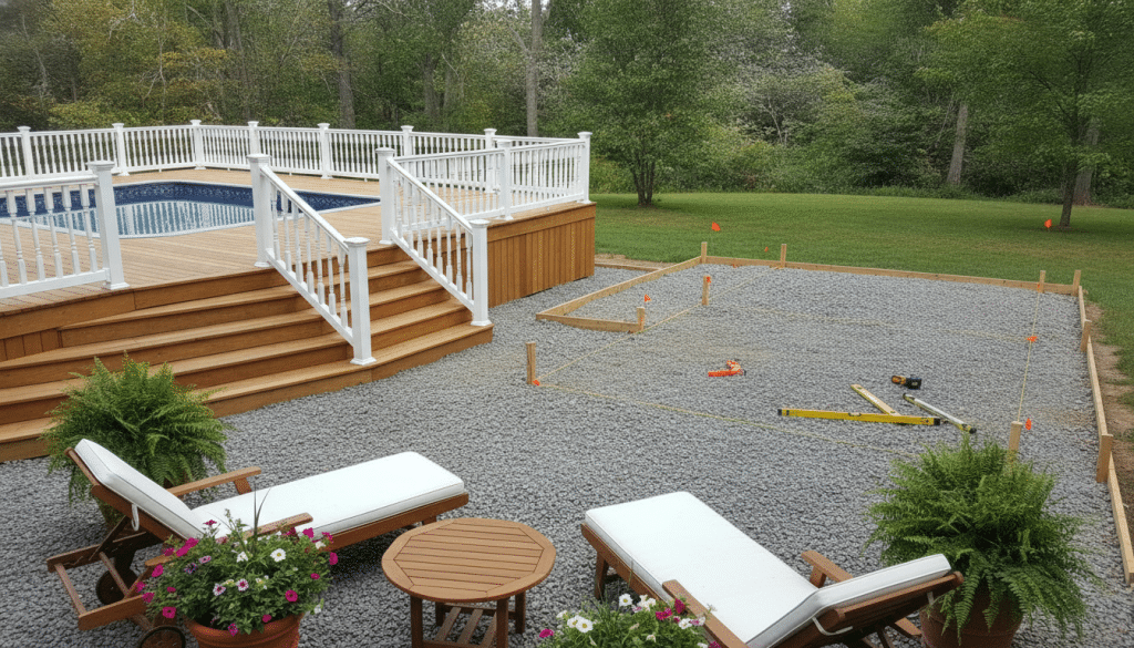 A beautifully designed above-ground pool deck, featuring a spacious wooden structure with elegant railings and a curved staircase leading down to a well-prepared gravel foundation. In the foreground, the deck is adorned with potted plants and a few lounge chairs, suggesting a relaxing atmosphere. The middle ground showcases the meticulously leveled site, with stakes and measuring tools neatly arranged, signifying the preparation process for stability. In the background, a lush green yard with trees creates a serene ambiance, while soft, natural sunlight filters through the leaves, casting gentle shadows. The composition is captured from a slightly elevated angle, enhancing the depth and detail of the deck's craftsmanship and the planning area. The mood is calm and professional, emphasizing careful preparation and thoughtful design.