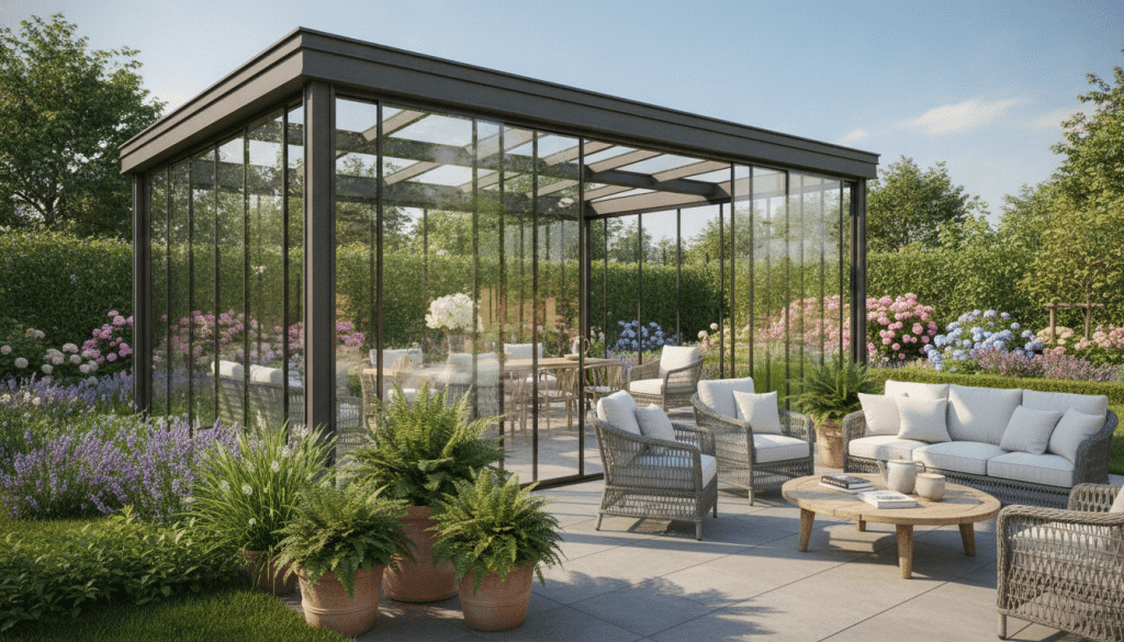 A beautifully designed patio enclosure, showcasing a modern glass structure with elegant framing, seamlessly integrated into a tranquil backyard setting. In the foreground, vibrant green potted plants add a touch of nature, while a stylish outdoor seating arrangement invites relaxation. The middle ground features the patio enclosure with large glass panels reflecting soft sunlight, creating an inviting atmosphere. In the background, a well-maintained garden with blooming flowers and a clear blue sky enhances the serene environment. The lighting is warm and welcoming, casting gentle shadows that add depth to the scene. Capture this image from a slightly elevated angle, emphasizing the enclosure's spaciousness while conveying a sense of comfort and leisure in a delightful outdoor space.
