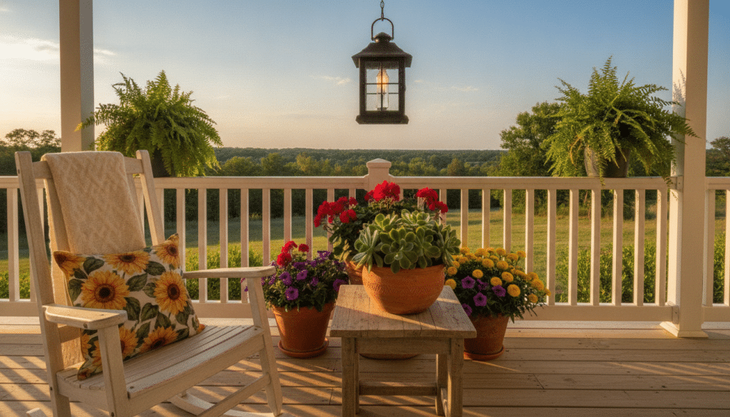A beautifully designed porch scene showcasing an array of decorative accessories. In the foreground, a cozy rocking chair adorned with a textured throw blanket and a cheerful patterned pillow sits invitingly. On a natural wood side table, a succulent plant in a handcrafted pot adds a touch of greenery. In the middle, a stylish hanging lantern with soft, warm light casts a gentle glow, surrounded by potted flowers with vibrant blooms. The background features a charming wooden railing leading to a picturesque view of lush greenery and a clear blue sky. The atmosphere is peaceful and inviting, enhanced by the golden hour lighting that bathes the entire scene in a warm hue. Shot with a wide-angle lens to capture the full depth of the space, creating a welcoming vibe perfect for customization.