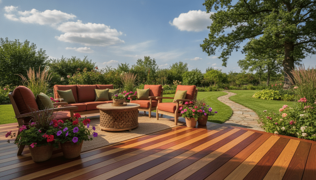 A beautifully stained wooden deck in the foreground, showcasing rich tones of deep cedar and golden oak. The deck is adorned with stylish outdoor furniture, including a cozy seating area with cushions in earthy colors. In the middle ground, vibrant potted plants and flowers enhance the inviting atmosphere, surrounded by lush green grass and a stone pathway. The background features a clear blue sky with fluffy white clouds, allowing warm sunlight to filter through, casting soft shadows on the deck. The image should be shot from a slight low angle, emphasizing the deck's texture and the surrounding greenery, creating a serene and welcoming outdoor space. The overall mood is tranquil and inviting, perfect for enhancing outdoor living.
