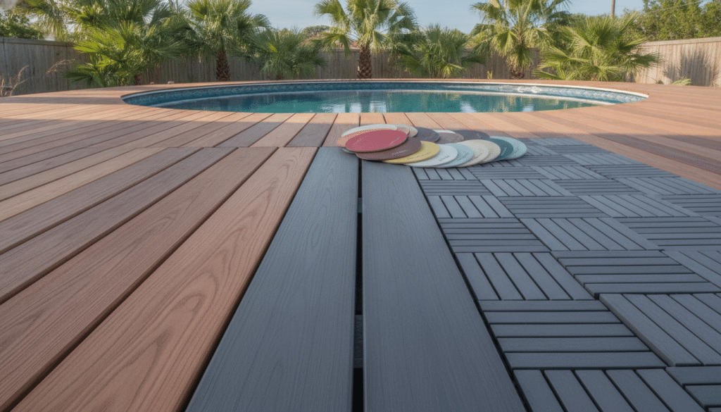 A close-up view of various deck materials, showcasing a range of options ideal for above-ground pool decks. The foreground features beautifully textured wood planks, smooth composite boards, and durable PVC tiles, with samples laid out in an organized manner. In the middle ground, a selection of color swatches for stains and sealants is displayed, highlighting the various finishes available for added durability. The background shows a serene outdoor setting with an above-ground pool, surrounded by lush greenery and a clear blue sky. Soft natural lighting enhances the vibrancy of the materials while casting gentle shadows. The mood is inviting and professional, reflecting a focus on high-quality design and longevity.