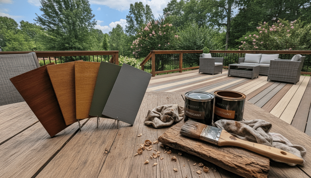 A collection of wooden stain color samples displayed artistically on a rustic wooden surface, featuring a variety of rich tones: deep mahogany, warm chestnut, cool gray, and earthy olive green. The foreground showcases small paint cans with swatches on wooden planks next to a paintbrush, creating a DIY atmosphere. In the middle ground, a beautifully stained deck is visible, set against a backdrop of a serene Knoxville backyard with green trees and a blue sky. The lighting is bright and natural, highlighting the texture of the wood. The overall mood is inviting and homey, emphasizing modern design choices for outdoor spaces. The image captures the essence of popular color palettes for contemporary deck staining.