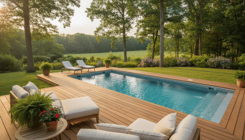 A lush backyard featuring an elegantly designed above-ground pool deck. In the foreground, wooden decking surrounds the pool, showcasing natural grains and rich colors, complemented with comfortable outdoor furniture like loungers and a small table adorned with potted plants. In the middle ground, the pool itself shines with crystal-clear water, bordered by tiles that enhance its aesthetic appeal. In the background, a gently sloping landscape is visible, detailed with green grass, mature trees, and bushes, illustrating the grade of the yard. Soft, warm sunlight bathes the scene, casting gentle shadows and creating a serene, inviting atmosphere. The angle captures the entire setting, emphasizing the harmonious integration of the deck with its natural surroundings.