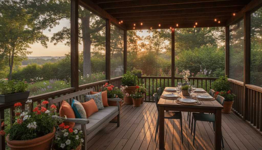 A serene outdoor living space designed for comfort and relaxation, featuring a stylish porch with a wooden railing and a screened enclosure. In the foreground, a cozy seating area includes a rustic wooden bench with colorful cushions, surrounded by potted plants and ornamental flowers. The middle section showcases a dining table set for an outdoor meal, complete with elegant tableware and soft, ambient lighting created by hanging string lights above. In the background, a lush garden with tall trees and a vibrant landscape creates a tranquil atmosphere. The scene is bathed in warm evening light, capturing the golden hour glow, with a focus on a wide-angle view to encompass the entire space. The overall mood is inviting and peaceful, perfect for family gatherings and outdoor entertaining.