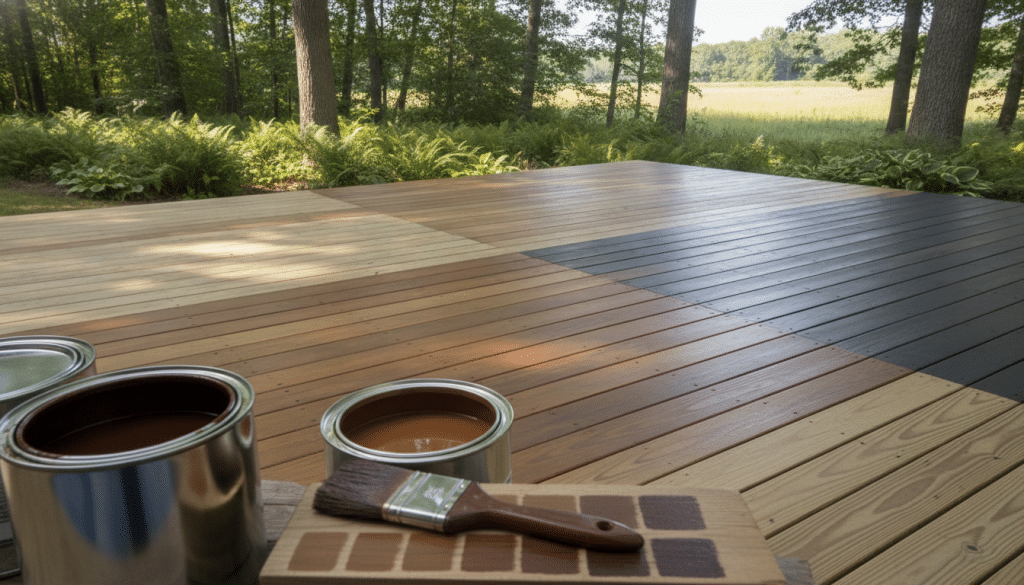 A serene, outdoor setting showcasing a beautifully stained wooden deck, emphasizing the concept of opacity through layers of transparent and semi-transparent stains. In the foreground, a close-up of a paintbrush and can featuring different stain colors, revealing their opacity against the textured deck surface. The middle ground captures the deck itself, showcasing varying opacities from lightly stained sections to richly colored areas, with sunlight casting dappled shadows across the wood. In the background, lush greenery and a softly blurred landscape enhance the tranquil atmosphere. Soft, natural lighting highlights the color nuances, while a warm, inviting mood pervades the scene, inviting viewers to appreciate the artistry of deck staining.