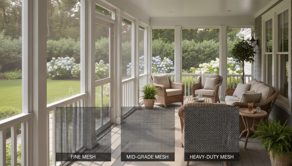 A serene porch setting showcasing a variety of mesh options for patio enclosures. In the foreground, display close-up samples of different mesh materials including fine, mid-grade, and heavy-duty screens, highlighting their textures and colors. The middle ground features a stylish, well-lit enclosed porch with partially open doors, allowing glimpses of the vibrant green backyard beyond. Use natural sunlight for soft, warm lighting that casts gentle shadows, adding depth to the scene. The background includes a lush garden, enhancing the inviting atmosphere. The angle should be slightly elevated to capture the full view of the porch and its mesh options. The overall mood is calm, professional, and informative, perfect for a home improvement theme.
