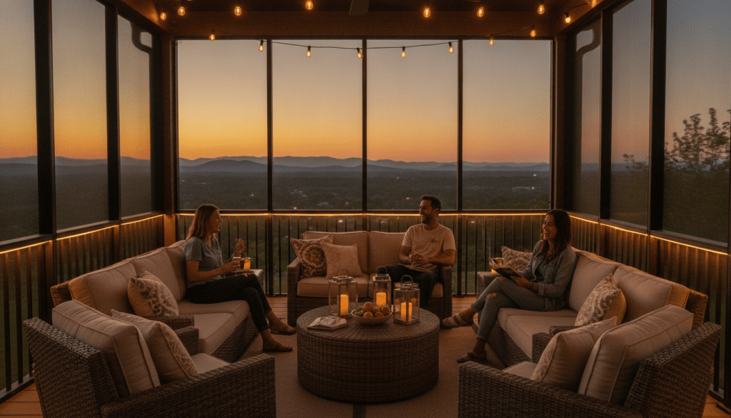 Beautiful completed patio screening project in Knoxville Tennessee showing comfortable outdoor living space with furniture and lighting
