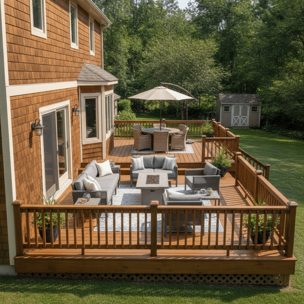 Beautifully stained deck showing rich color that complements home exterior Beautifully stained deck showing rich color that complements home exterior