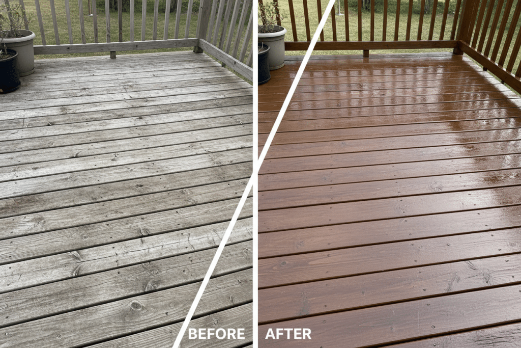 Before and after comparison of deck refinishing showing weathered gray wood transformed to rich stained finish Before and after comparison of deck refinishing showing weathered gray wood transformed to rich stained finish