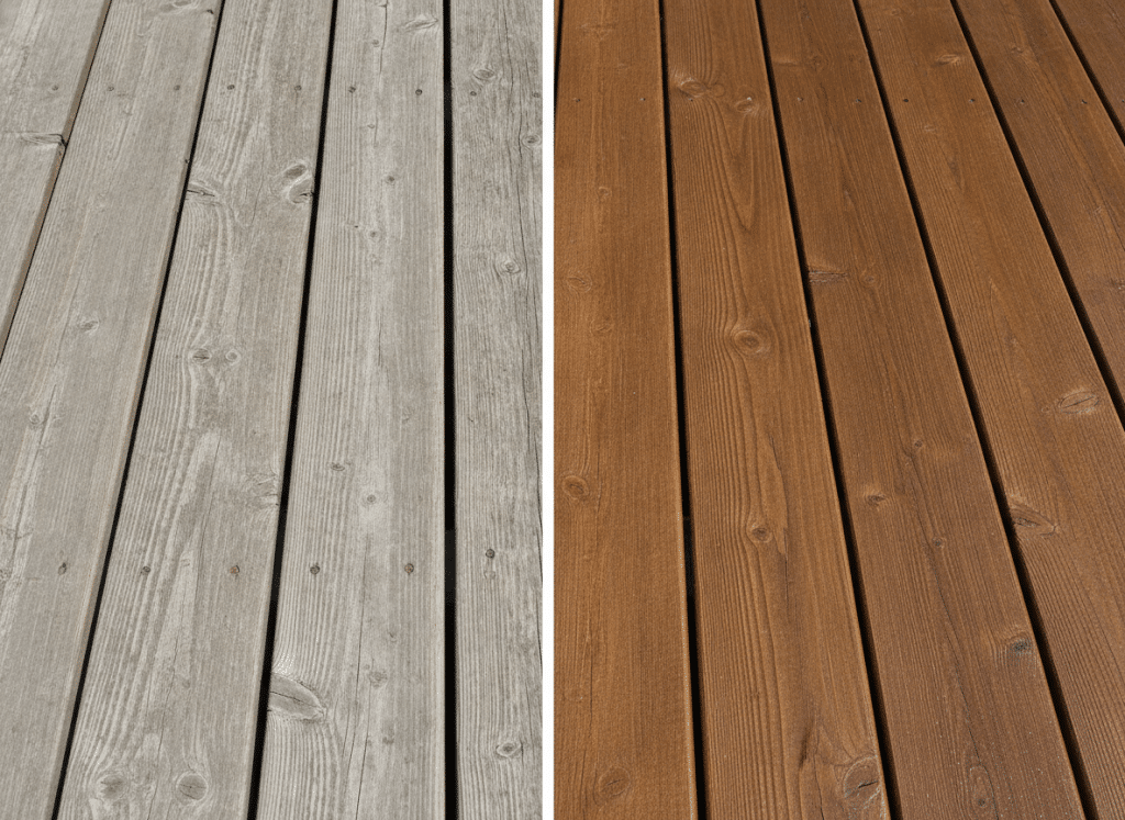 Before and after comparison of deck staining results showing restored wood deck