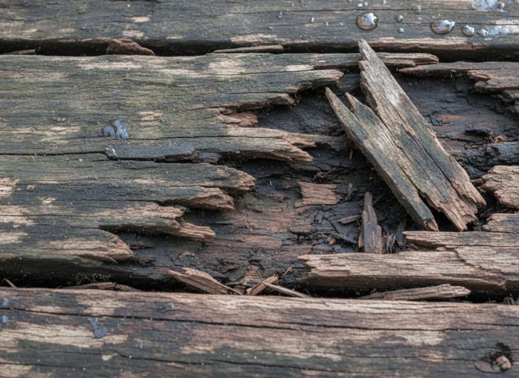 Close-up of rotted deck boards with visible moisture damage and wood decay requiring deck repair Close-up of rotted deck boards with visible moisture damage and wood decay requiring deck repair