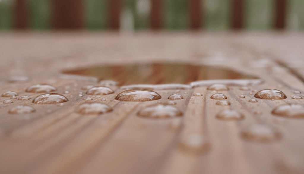 Close-up of water beading on freshly sealed deck boards showing moisture protection