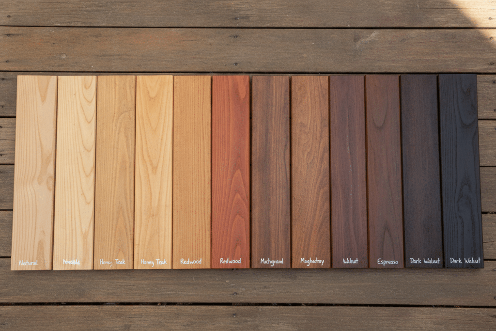 Color swatches showing various deck stain color options on wood samples