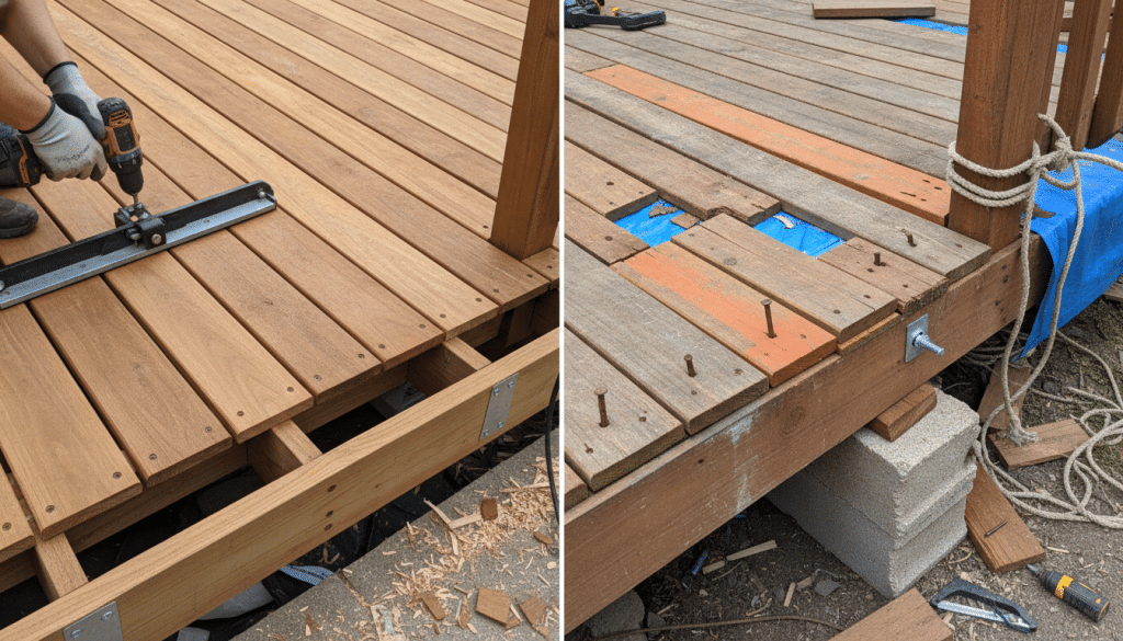 Comparison showing quality deck repair with proper materials versus temporary patchwork repairs Comparison showing quality deck repair with proper materials versus temporary patchwork repairs
