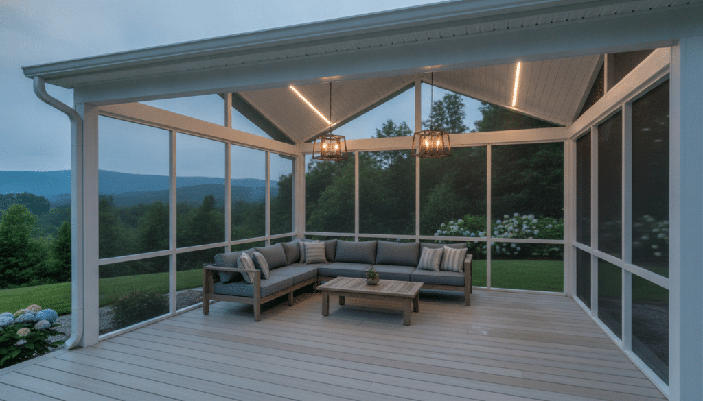 Complete screened patio enclosure in Knoxville showing full structural framework roof posts railings and screening for outdoor living space