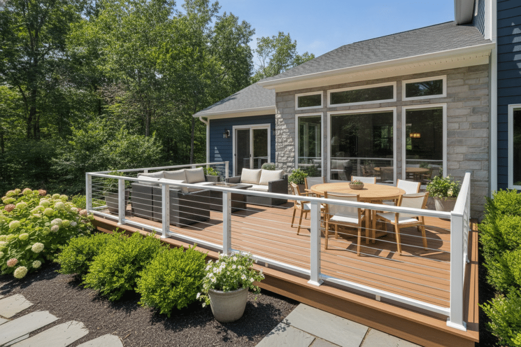 Completed Trex composite deck with modern railing system and outdoor furniture Completed Trex composite deck with modern railing system and outdoor furniture