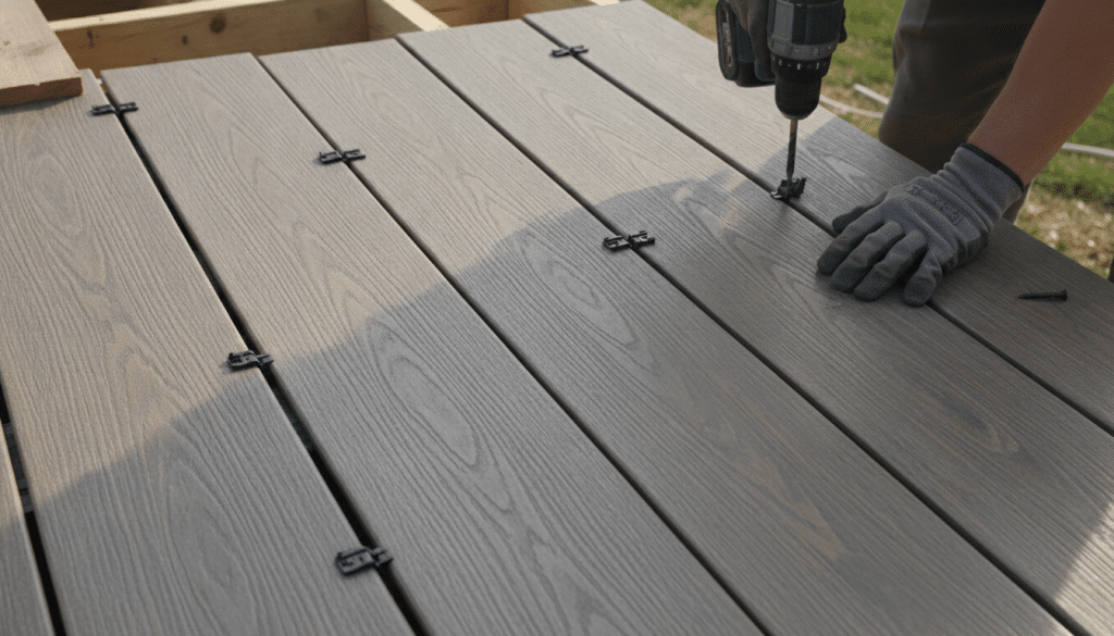 Composite decking boards being installed showing color variation and texture Composite decking boards being installed showing color variation and texture