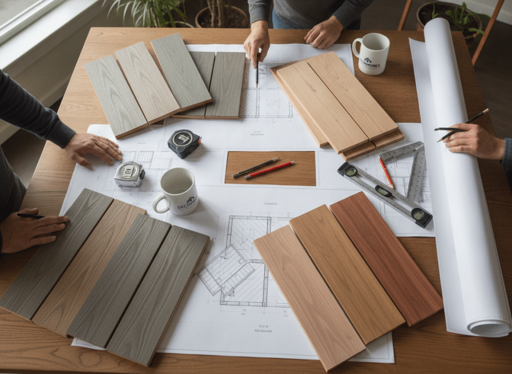 Custom deck design consultation showing blueprint plans and material samples on table Custom deck design consultation showing blueprint plans and material samples on table