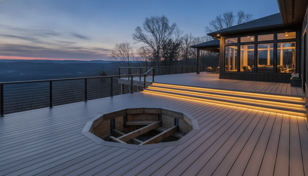 Custom deck design featuring built-in hot tub area with reinforced framing Custom deck design featuring built-in hot tub area with reinforced framing