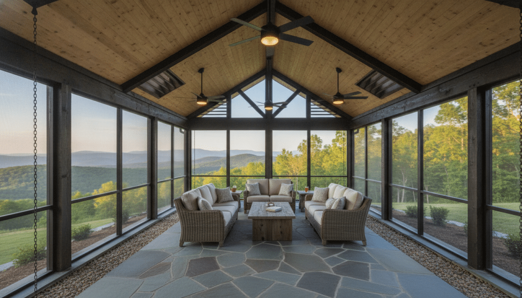 Custom screened patio design in East Tennessee showing architectural details adapted for local climate with proper drainage and ventilation
