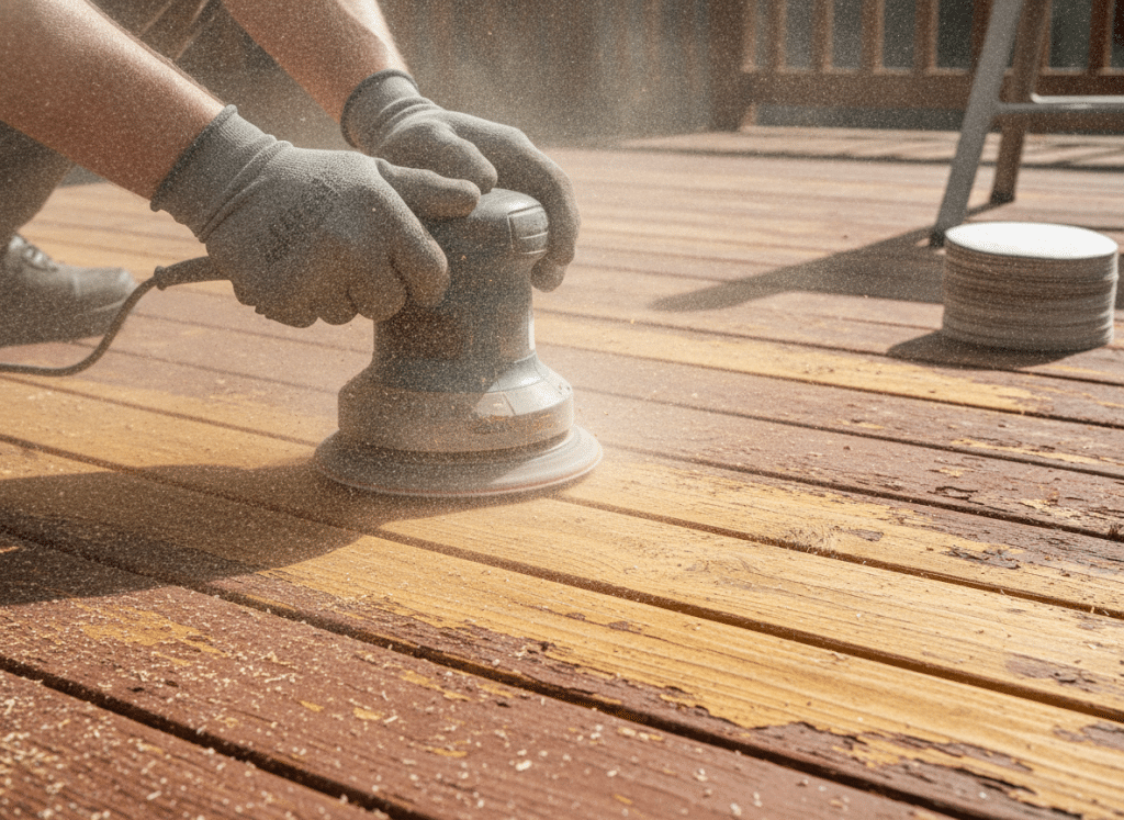Deck being prepared with sanding to remove old peeling stain