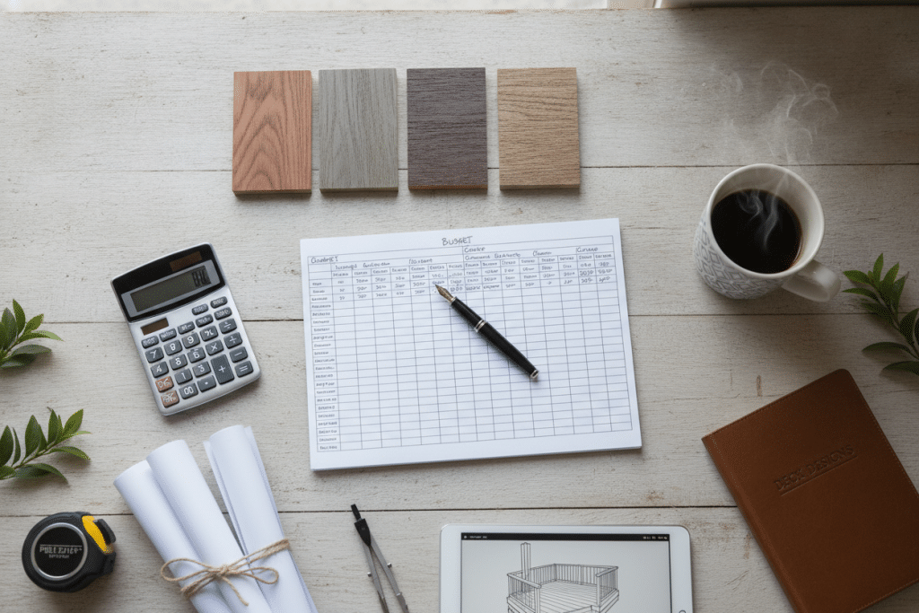 Deck cost breakdown showing material samples, calculator, and budget planning documents Deck cost breakdown showing material samples, calculator, and budget planning documents