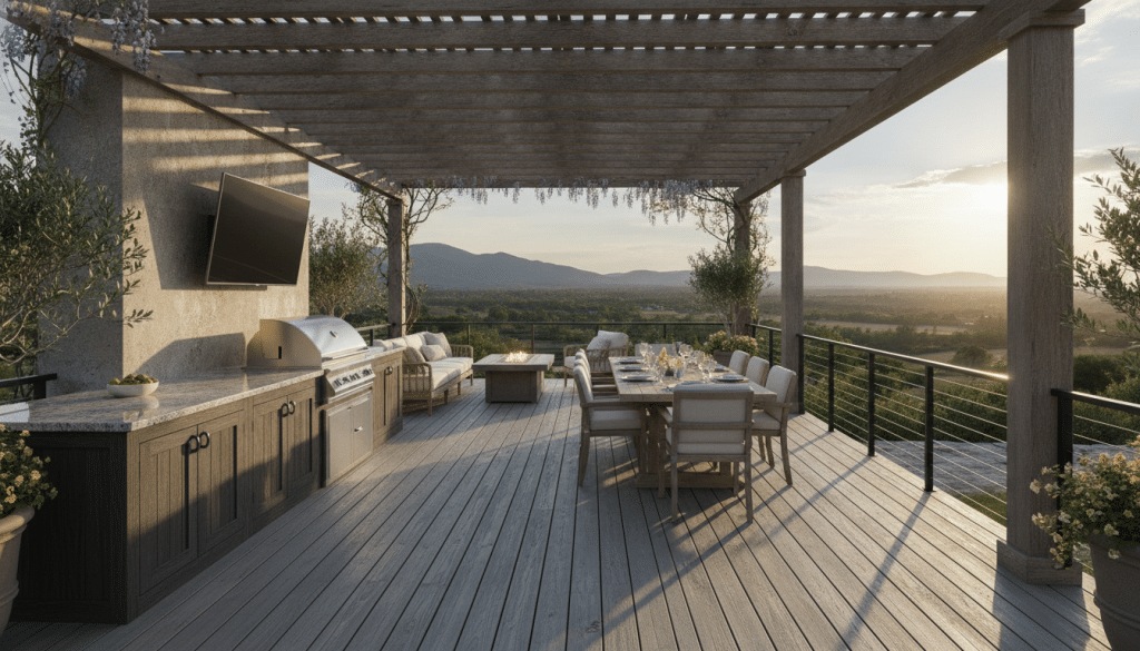 Deck design with outdoor kitchen, built-in grill, and entertainment area Deck design with outdoor kitchen, built-in grill, and entertainment area