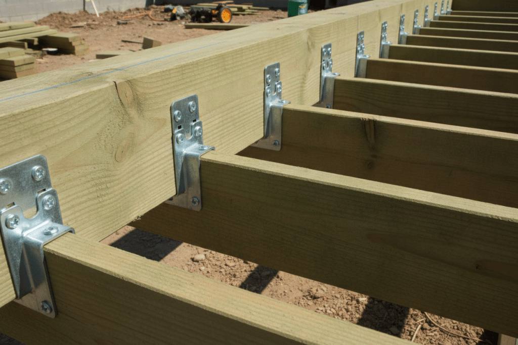 Deck framing construction showing proper joist installation and beam placement Deck framing construction showing proper joist installation and beam placement