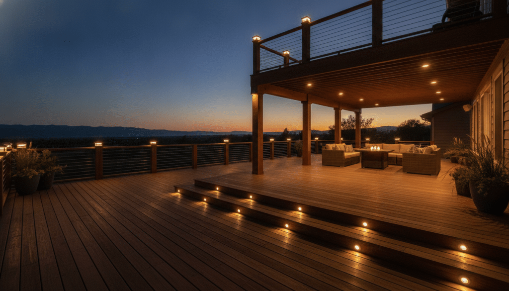 Deck lighting design showing integrated LED lights in stairs, posts, and railing at night Deck lighting design showing integrated LED lights in stairs, posts, and railing at night