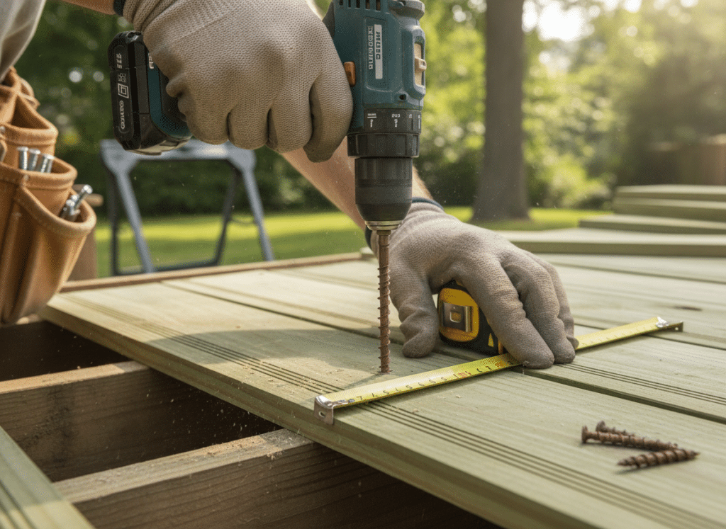Deck repair contractor replacing damaged deck boards and installing new pressure treated lumber Deck repair contractor replacing damaged deck boards and installing new pressure treated lumber