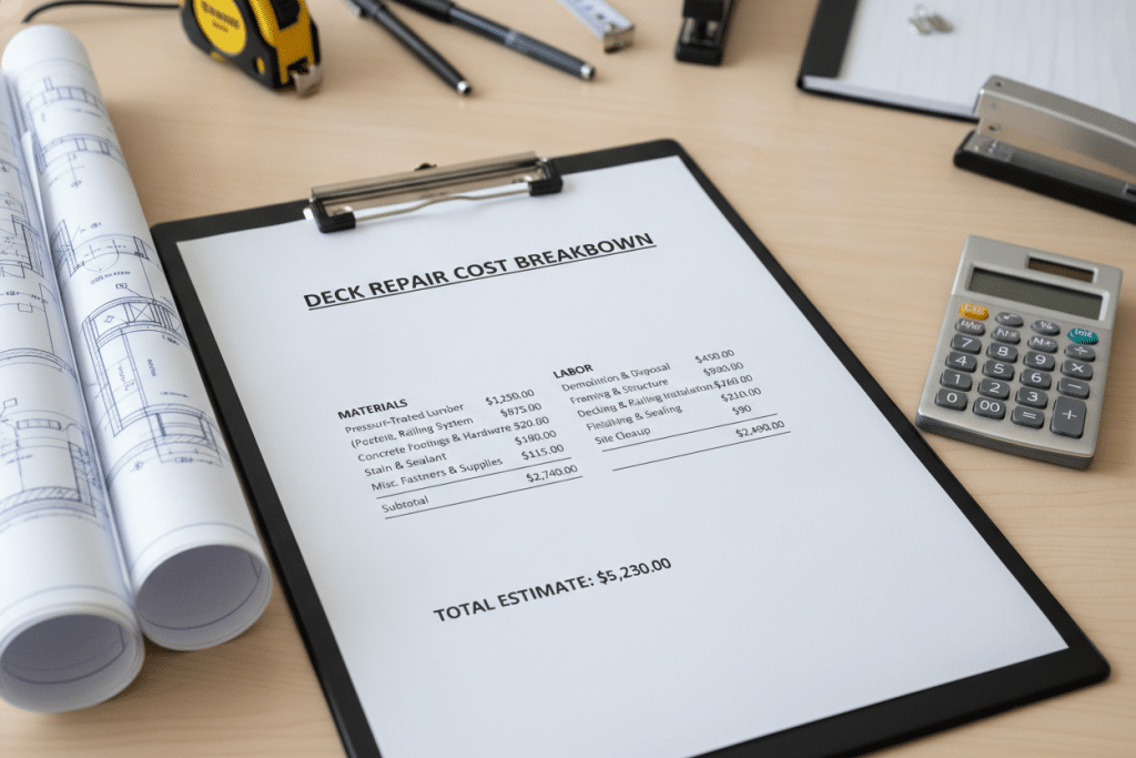Deck repair cost estimate breakdown showing materials and labor for typical repair project Deck repair cost estimate breakdown showing materials and labor for typical repair project