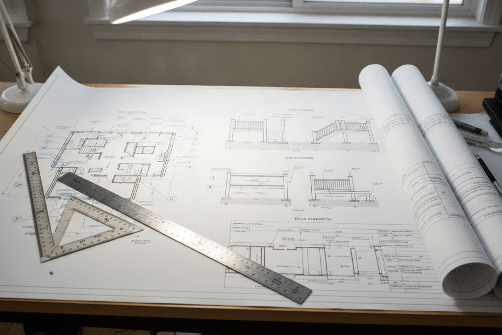 Detailed deck blueprints and architectural deck plans showing layout, dimensions, and structural specifications Detailed deck blueprints and architectural deck plans showing layout, dimensions, and structural specifications
