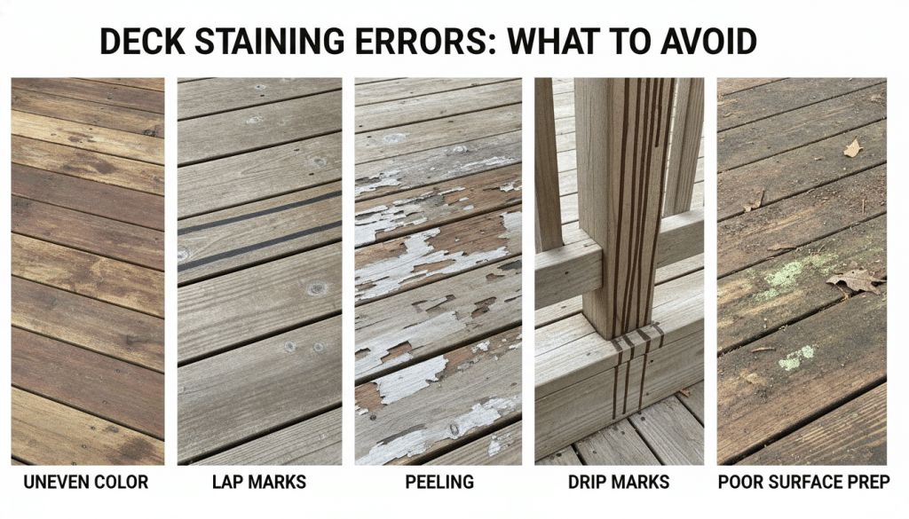 Examples of common deck staining mistakes including uneven application and peeling