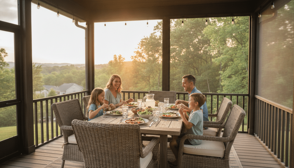 Family enjoying screened patio in Knoxville with outdoor dining table and comfortable seating area free from insects and sun exposure