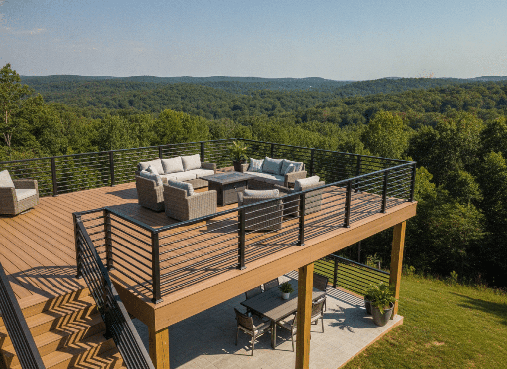 Finished multi-level deck with stairs and railings in residential backyard Finished multi-level deck with stairs and railings in residential backyard