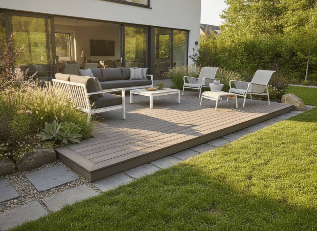 Ground level deck design with composite decking near grade level Ground level deck design with composite decking near grade level