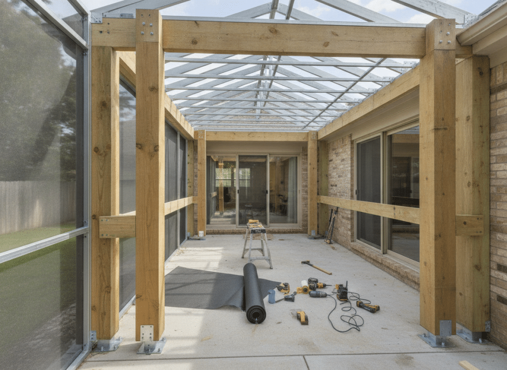 Ground-level patio screening installation showing structural framing posts and roof support for screened enclosure on concrete patio surface