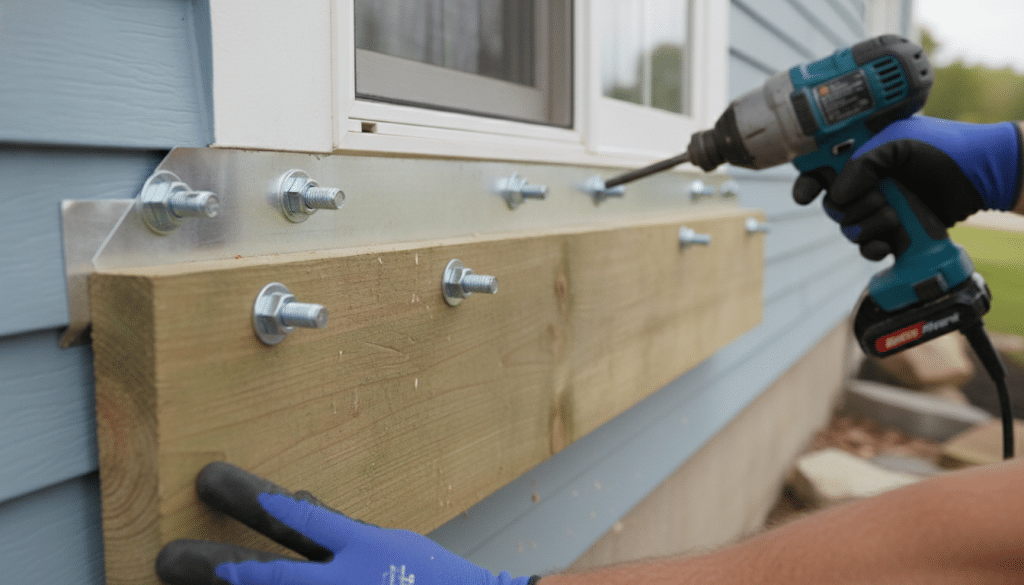 Installation of deck ledger board attached to house with proper flashing Installation of deck ledger board attached to house with proper flashing