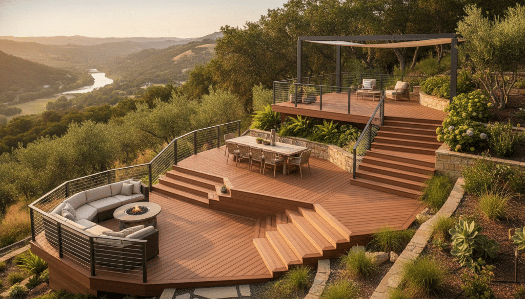 Multi level deck design with multiple platforms and stairs connecting levels Multi level deck design with multiple platforms and stairs connecting levels