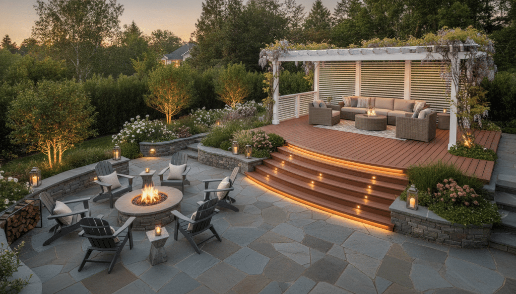 Patio and deck design combination showing raised deck connected to ground level stone patio Patio and deck design combination showing raised deck connected to ground level stone patio