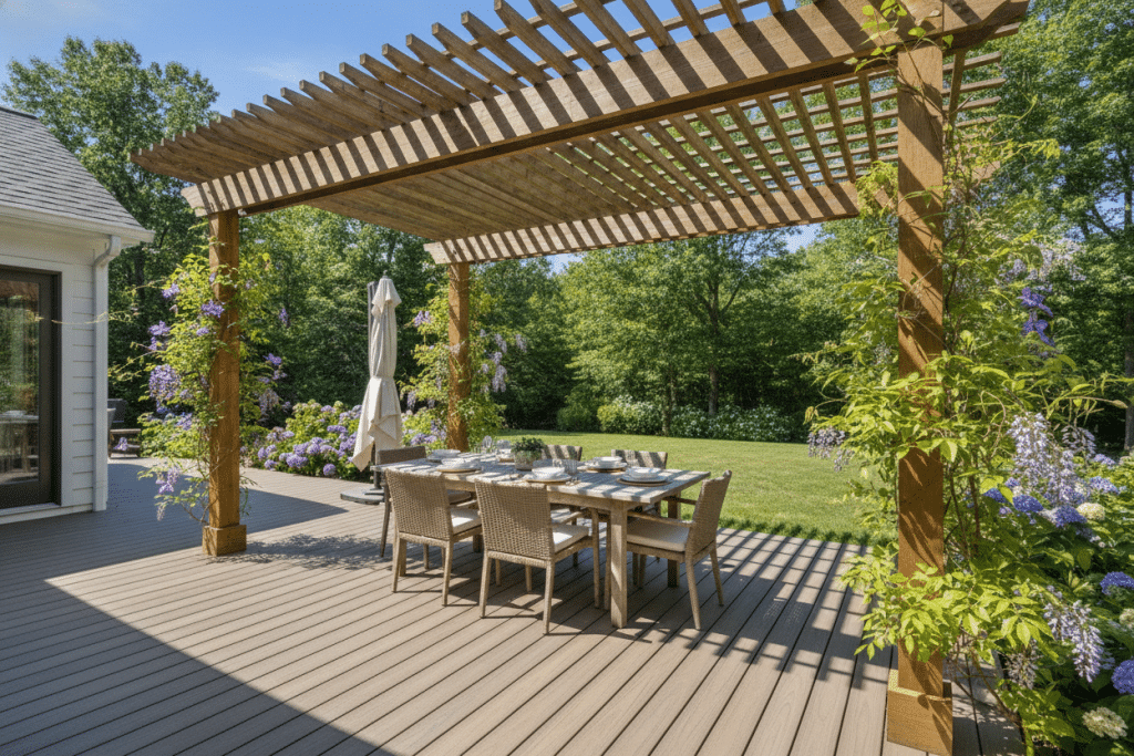 Pergola deck design with wooden overhead structure providing shade over composite deck Pergola deck design with wooden overhead structure providing shade over composite deck