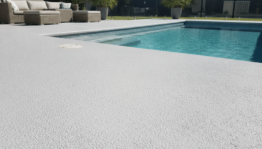 Pool deck with proper coating showing slip-resistant surface around water