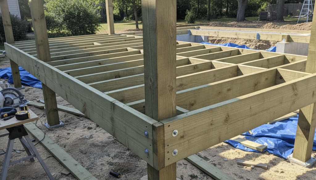 Pressure-treated wood deck frame showing green-tinted lumber and proper construction Pressure-treated wood deck frame showing green-tinted lumber and proper construction