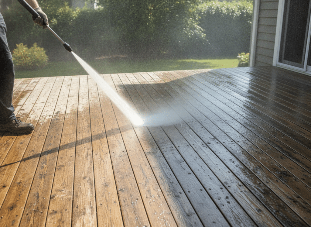 Pressure washer cleaning deck surface during preparation phase