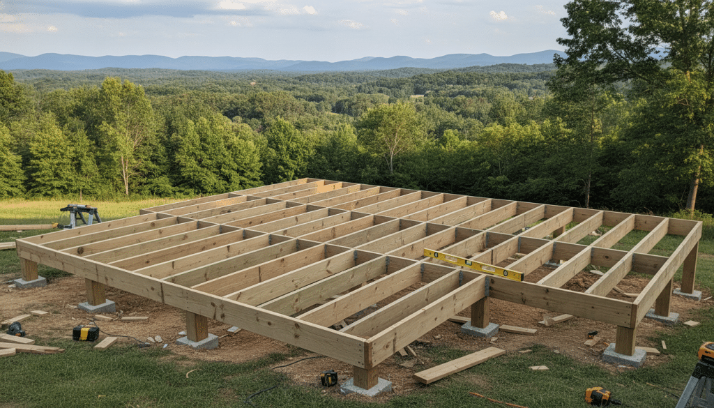 Knoxville Deck builders Professional deck building process showing frame structure and posts in Knoxville residential backyard