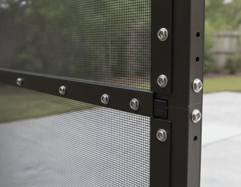 Professional patio screening installation detail showing proper screen tension attachment methods and quality workmanship on Knoxville project