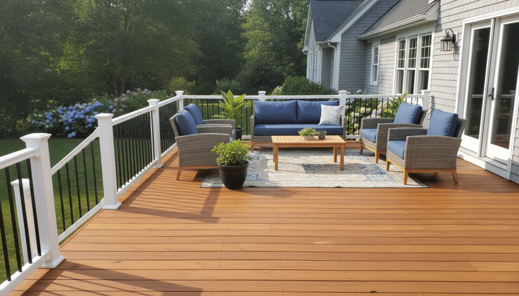 Restored wooden deck showing refinished surface with protective stain after complete deck restoration project Restored wooden deck showing refinished surface with protective stain after complete deck restoration project
